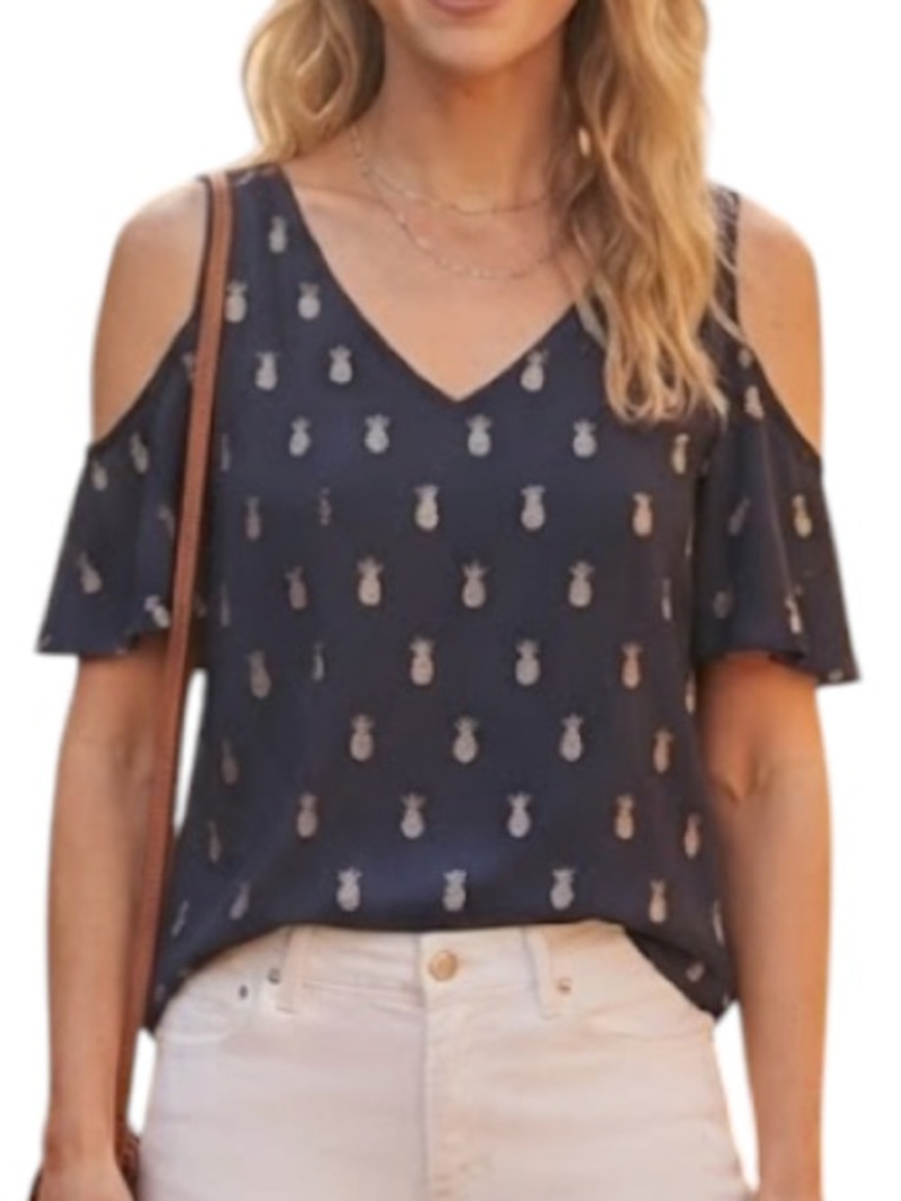 COOPER & ELLA Metallic Pineapple Cold Shoulder Top Navy Blue Party Chic Small